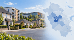 Mortgage Broker in Linwood hero image showing a Linwood street scene with varied homes, a modern local landmark, and a highlighted map pin marking Linwood in Renfrewshire.