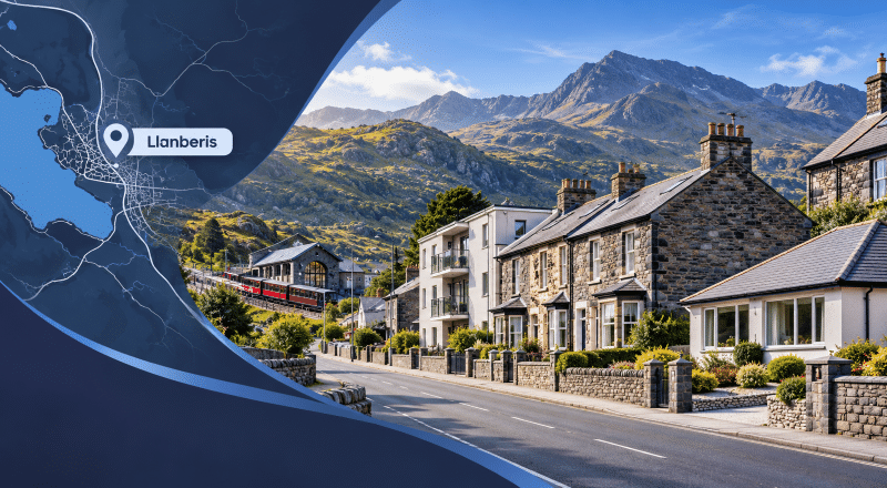 Mortgage Broker in Llanberis hero image showing a street of varied homes in Llanberis, with a map pin label, local map styling, and the mountains of Eryri in the background.