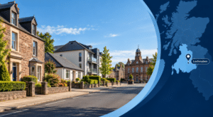 Mortgage Broker in Lochmaben hero image showing a quiet Dumfriesshire street with traditional and modern homes, a local civic landmark and a branded map with a Lochmaben location pin.