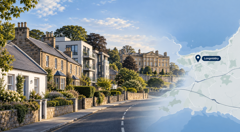 Mortgage Broker in Longniddry, showing a Longniddry streetscape with varied property types, a notable local landmark, and a map pin marking Longniddry in East Lothian.