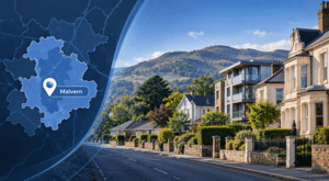 Mortgage Broker in Malvern hero image featuring a Malvern location map and pin, the Malvern Hills, and a varied residential streetscape with period homes, modern flats and bungalows.