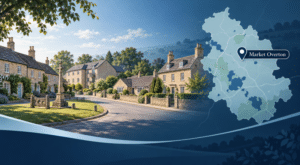 Mortgage Broker in Market Overton hero image showing a quiet Rutland village street with stone houses, varied property types, a village landmark, and a blue location map highlighting Market Overton.