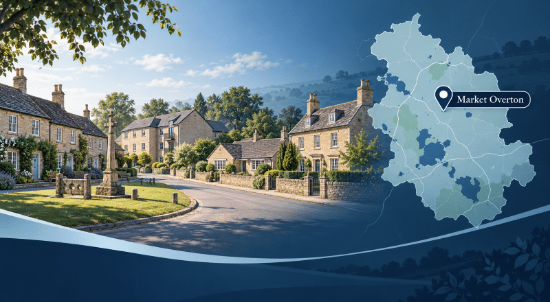 Mortgage Broker in Market Overton hero image showing a quiet Rutland village street with stone houses, varied property types, a village landmark, and a blue location map highlighting Market Overton.