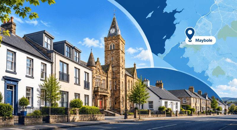 Mortgage Broker in Maybole hero image showing a Maybole street scene with mixed property types, a local landmark, and a map location pin for Maybole in Ayrshire.