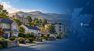 Mortgage Broker in Menstrie hero image showing a residential street in Menstrie, Clackmannanshire, with a mix of houses, flats and hillside homes, the Ochil Hills in the background, and a map marker highlighting Menstrie.