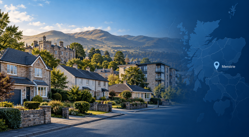 Mortgage Broker in Menstrie hero image showing a residential street in Menstrie, Clackmannanshire, with a mix of houses, flats and hillside homes, the Ochil Hills in the background, and a map marker highlighting Menstrie.