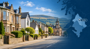 Mortgage Broker in Moffat hero image showing a traditional Moffat street with varied homes, a distinctive local civic landmark, rolling Dumfriesshire hills and a branded Moffat location map with pin.