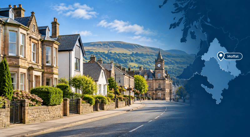 Mortgage Broker in Moffat hero image showing a traditional Moffat street with varied homes, a distinctive local civic landmark, rolling Dumfriesshire hills and a branded Moffat location map with pin.