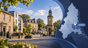 Mortgage Broker in Morpeth hero image showing a Morpeth street scene with mixed property types, a local landmark, and a map location icon for Morpeth, Northumberland.