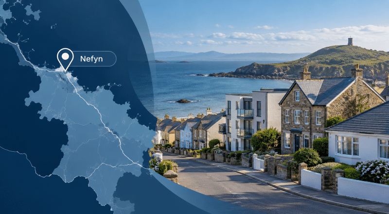 Mortgage Broker in Nefyn hero image showing a coastal street with a mix of homes, sea views, the Nefyn watch tower in the distance, and a map marker highlighting Nefyn in Gwynedd.
