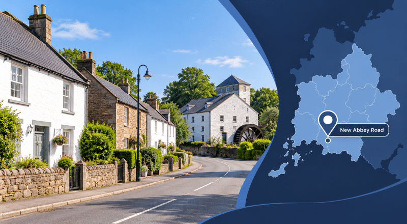 Mortgage Broker in New Abbey Road, Dumfriesshire, with traditional village homes, New Abbey Corn Mill and a branded location map.