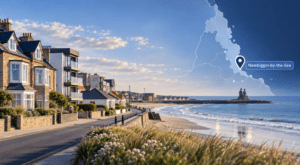 Mortgage Broker in Newbiggin-by-the-Sea with coastal homes, Newbiggin Bay, The Couple sculpture and a Northumberland location map.