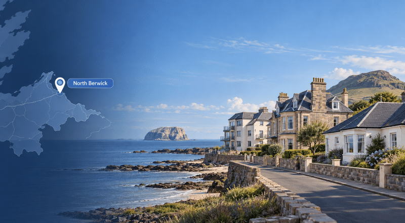 Mortgage Broker in North Berwick, showing a coastal street scene with varied homes, a North Berwick location pin and map, with Bass Rock and North Berwick Law in the background.
