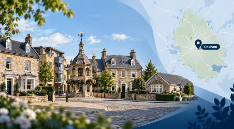 Mortgage Broker in Oakham hero image showing a stylised map of Oakham, Rutland, with a location pin, alongside a streetscape featuring a mix of local properties and a well-known Oakham landmark in dark blue and light blue branded colours.