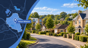 Alt text: Mortgage Broker in Orton Wistow hero image showing a map marker, residential street scene, and local property styles in Cambridgeshire