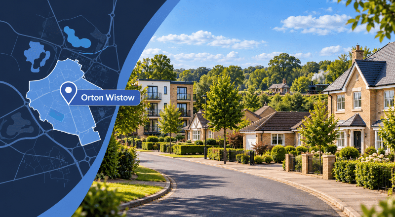 Alt text: Mortgage Broker in Orton Wistow hero image showing a map marker, residential street scene, and local property styles in Cambridgeshire