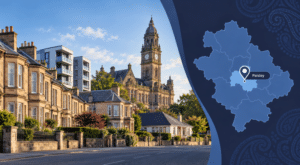 Mortgage Broker in Paisley hero image showing a Paisley street scene with mixed property types, Paisley Town Hall in the background, and a Renfrewshire map with a location pin marking Paisley.