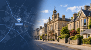 Mortgage Broker in Peebles – location map and traditional Peebles streetscape featuring local stone homes and civic architecture.