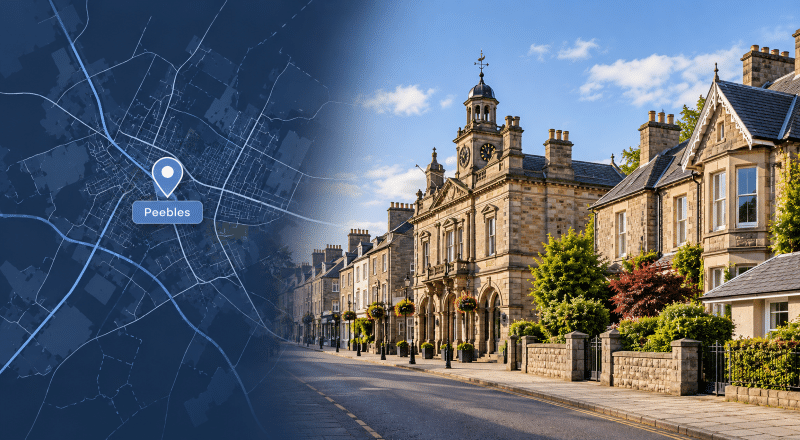 Mortgage Broker in Peebles – location map and traditional Peebles streetscape featuring local stone homes and civic architecture.