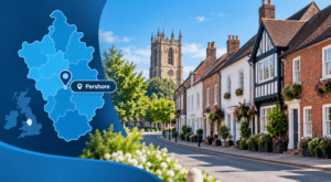Mortgage Broker in Pershore hero image showing a Pershore location map and pin alongside a traditional Worcestershire street with mixed period homes.