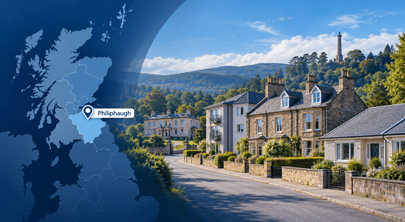 Mortgage Broker in Philiphaugh – residential properties and local area in Selkirkshire with a Philiphaugh location map and marker.