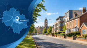 Mortgage Broker in Pontefract hero image featuring a Pontefract location map and pin, mixed local housing, and Pontefract Town Hall in the background.