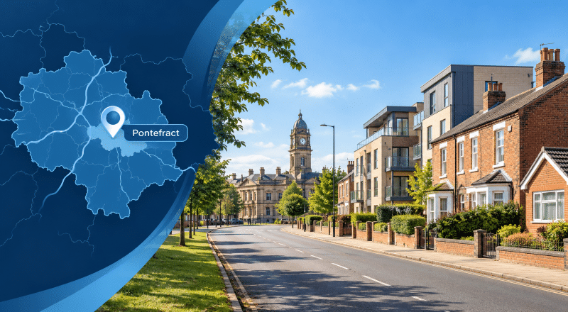 Mortgage Broker in Pontefract hero image featuring a Pontefract location map and pin, mixed local housing, and Pontefract Town Hall in the background.