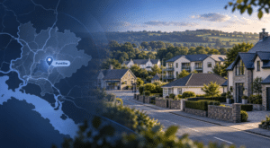 Mortgage Broker in Pontlliw hero image showing a map pin over Pontlliw and a residential village street with a mix of homes in the surrounding Swansea countryside