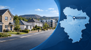 Mortgage Broker in Pumpherston hero image featuring a West Lothian residential street with varied homes, a subtle local shale-bing landscape reference, and a map with a location pin marking Pumpherston.