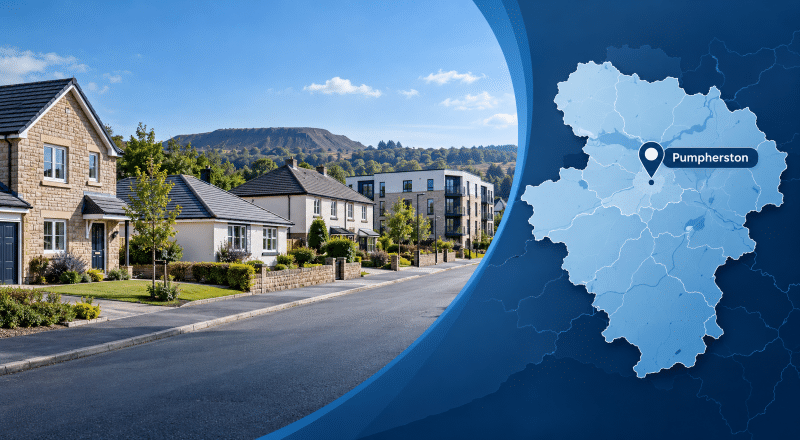 Mortgage Broker in Pumpherston hero image featuring a West Lothian residential street with varied homes, a subtle local shale-bing landscape reference, and a map with a location pin marking Pumpherston.