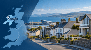 Mortgage Broker in Pwllheli hero image showing a Pwllheli location pin on a Wales map beside a coastal street with varied homes, marina views and mountains in Gwynedd.
