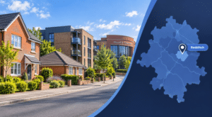 Mortgage Broker in Redditch hero image showing a mix of local housing, the Palace Theatre and a branded Redditch location map with pin.