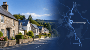 Mortgage Broker in Romannobridge, Peeblesshire location map with village homes and A701 route.