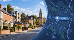 Mortgage Broker in Rugeley hero image featuring a Rugeley street with varied residential properties, a local civic landmark, and a location map with a Rugeley pin.