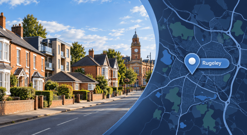 Mortgage Broker in Rugeley hero image featuring a Rugeley street with varied residential properties, a local civic landmark, and a location map with a Rugeley pin.