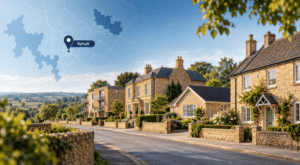 Mortgage Broker in Ryhall, Rutland, with local property streetscape and Ryhall location map pin.
