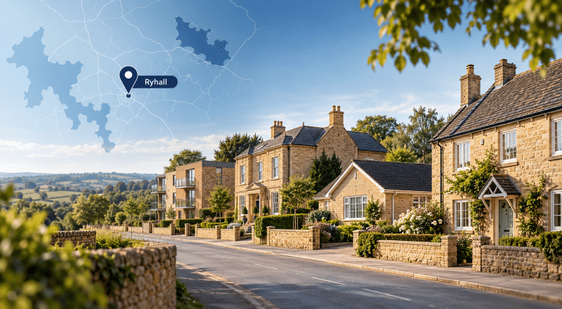 Mortgage Broker in Ryhall, Rutland, with local property streetscape and Ryhall location map pin.