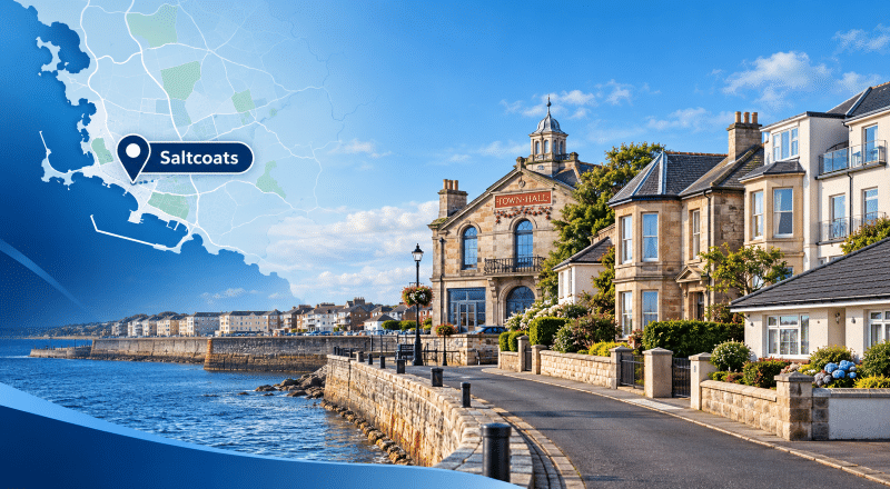 Mortgage Broker in Saltcoats hero image showing a map pin for Saltcoats, Ayrshire, with a coastal street scene, varied local properties, and a recognisable seafront landmark in branded blue tones. Is this conversation helpful so far?