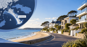 Mortgage Broker in Sandbanks, Dorset, with luxury coastal homes, Sandbanks Beach and a location map showing the Sandbanks peninsula.