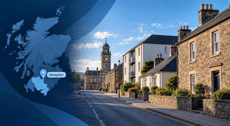 Mortgage Broker in Sanquhar hero image showing traditional stone homes, varied residential property, Sanquhar Tolbooth in the distance, and a branded Scotland map with a location pin marking Sanquhar.