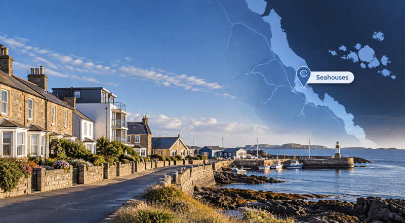 Mortgage Broker in Seahouses hero image showing Seahouses harbour, coastal homes, a Northumberland location map and a location pin marking Seahouses.