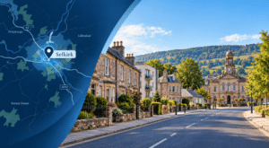 Alt text: Hero image for Mortgage Broker in Selkirk showing a stylised map of Selkirk and a scenic Selkirk street scene with varied property types and a local landmark in Selkirkshire.