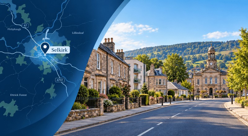 Alt text: Hero image for Mortgage Broker in Selkirk showing a stylised map of Selkirk and a scenic Selkirk street scene with varied property types and a local landmark in Selkirkshire.