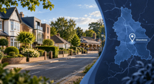 Mortgage Broker in Shenstone hero image showing a Staffordshire residential street, local railway setting, and a location map with Shenstone marked by a pin.