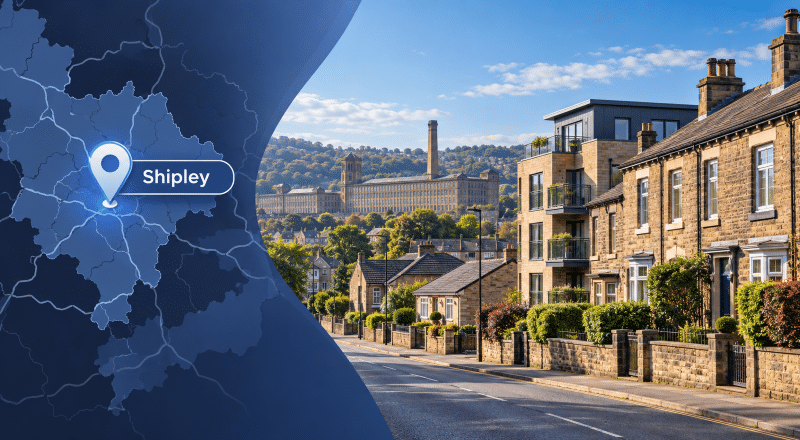 Mortgage Broker in Shipley hero image featuring local stone homes, modern apartments, Salts Mill in the background, and a Shipley location map with pin.
