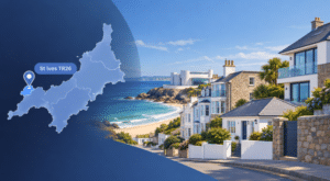 Mortgage Broker in St Ives TR26 hero image showing a map pin over St Ives in Cornwall, with coastal homes, a seaside street, and a recognisable local landmark overlooking the bay.