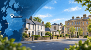 Mortgage Broker in Stewarton hero image showing a Stewarton location map in Ayrshire alongside a street scene with varied property types and a local landmark Is this conversation helpful so far?