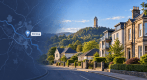 Mortgage Broker in Stirling hero image with map location pin, residential street, varied homes, and the Wallace Monument in the distance