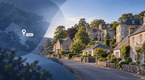 Mortgage Broker in Stobo hero image showing a map marker for Stobo beside a peaceful Peeblesshire street scene with traditional stone homes and a landmark country estate.