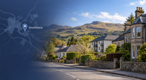 Mortgage Broker in Strathblane, Stirlingshire, with local homes, the Campsie Fells and a Strathblane map location marker.